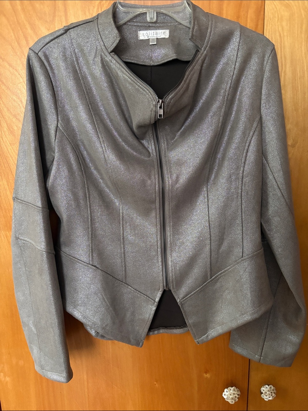 Solitaire by Ravi Khosla Metallic Silver Faux Suede Moto Jacket M
